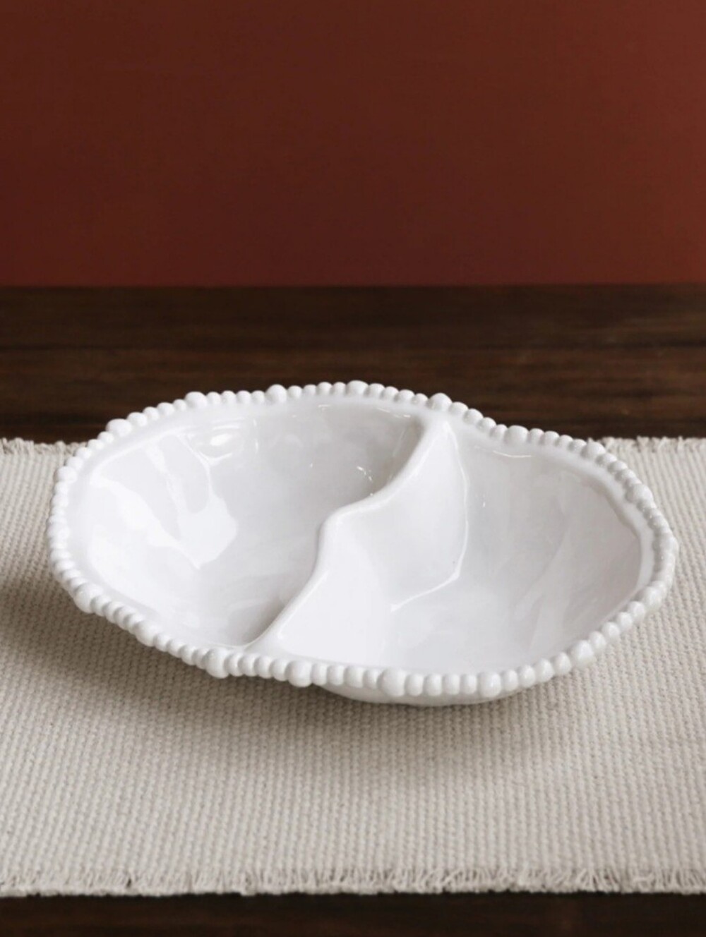 Beatriz Ball Vida Alegria Double Dip White Divided Serving Dish Beaded Rim